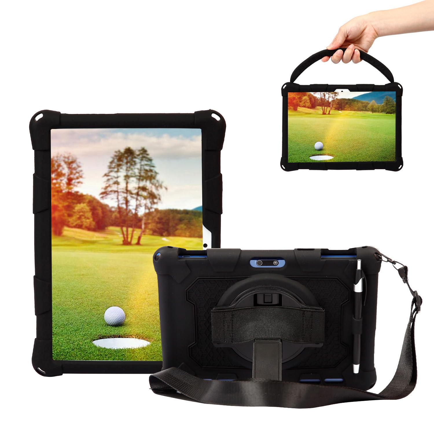 Sfulatdc Silicone Tablet Case with 360 Rotating Kickstand Strap/Shoulder Strap/Handle Compatible with Victbing 10, BENEVE 10.1,Dragon Touch Notepad K10/Max10 Black
