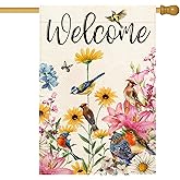 Baccessor Spring House Flag Floral Bird Butterfly Flowers Welcome Spring Summer Flag 28 x 40 Inch Double Sided Burlap Large Spring Outside Decor