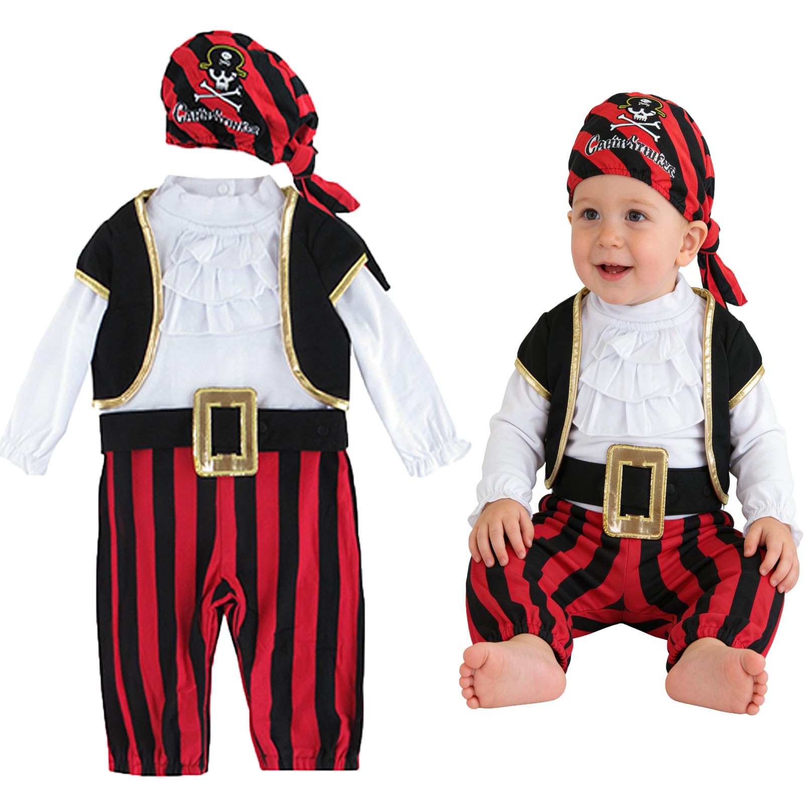 MOMBEBE COSLAND Baby Pirate Costume Boy Halloween Outfit, Black, 3-6 Months