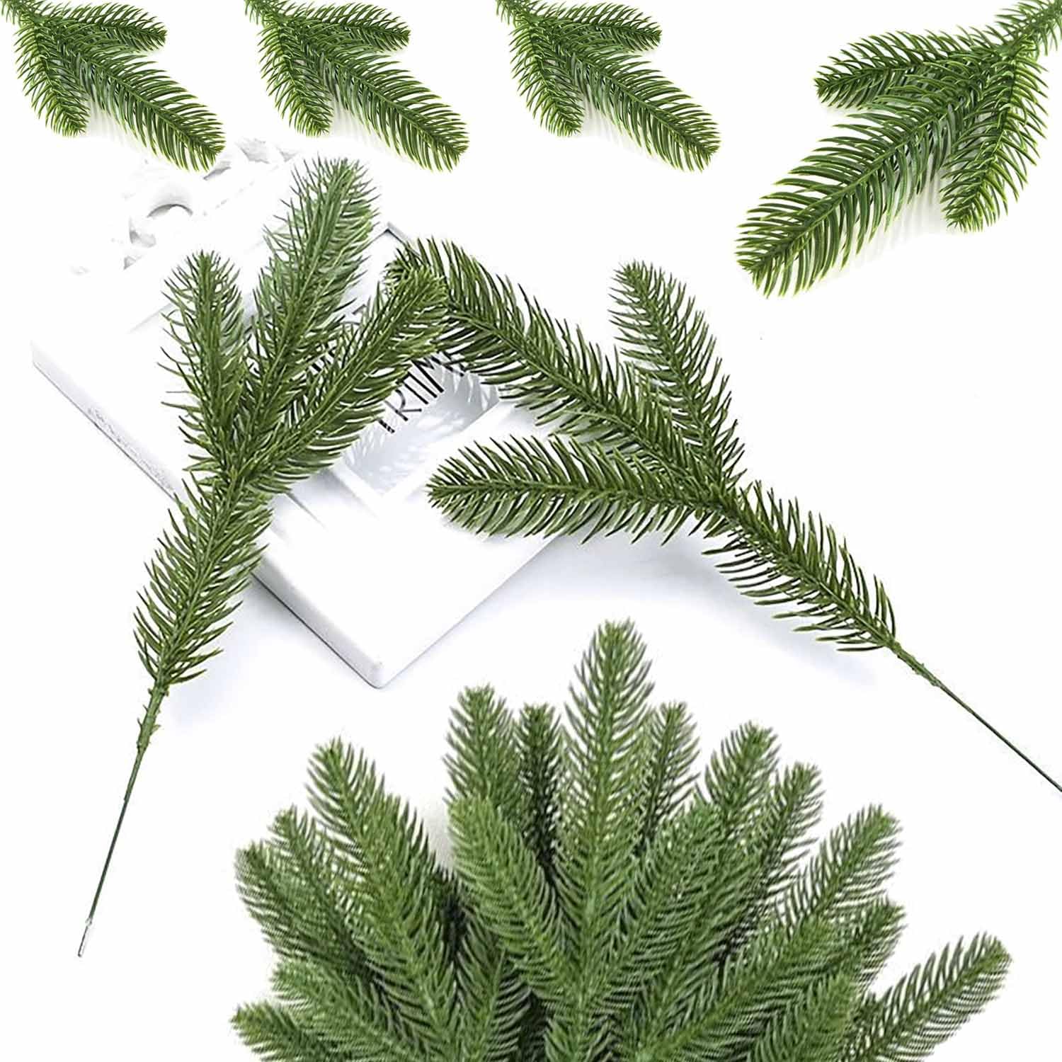 QISF 50 Pack Artificial Pine Branches - 6.7x3.5 Inch Plants for Crafting, DIY Christmas Garland, Home Decor - Fake Green Needles