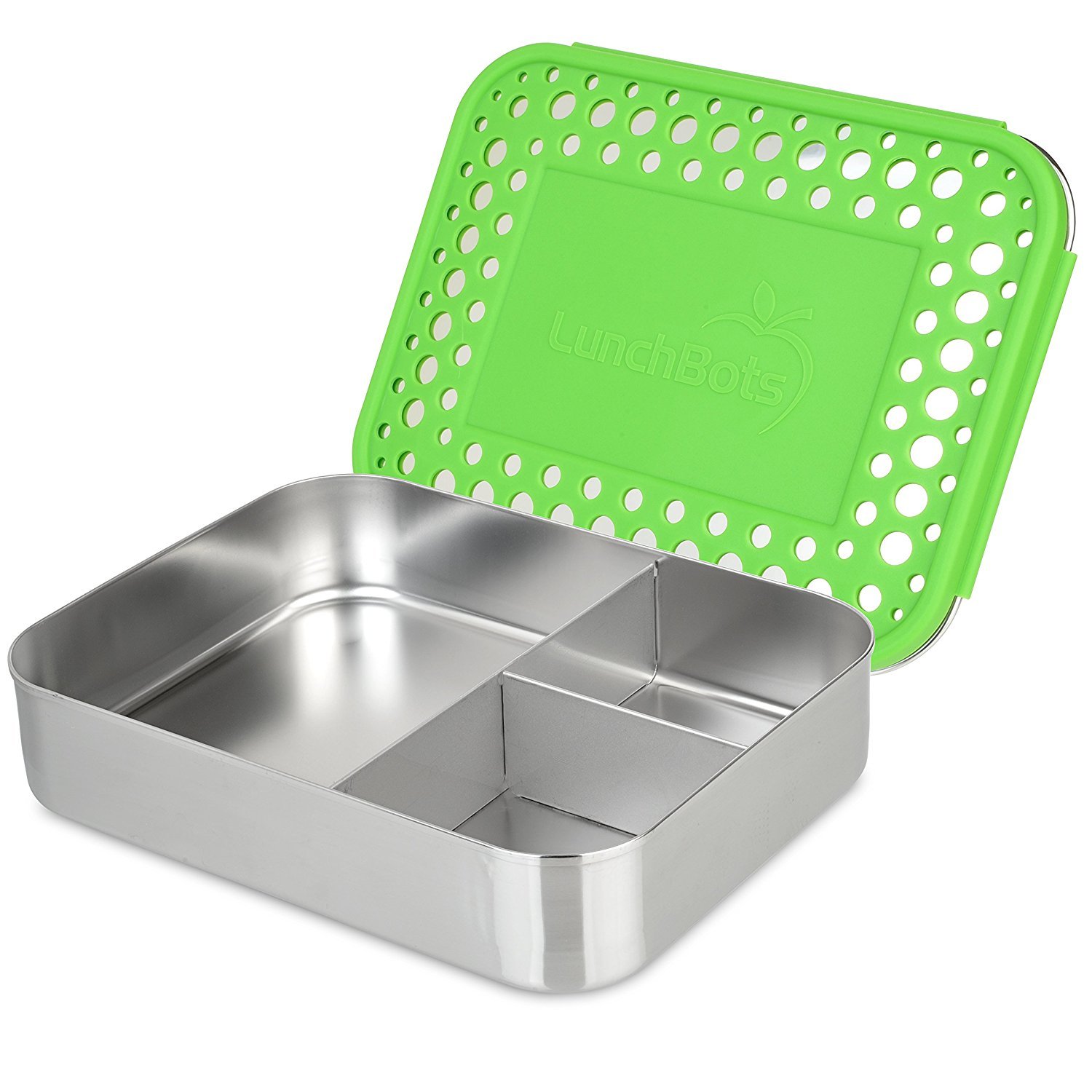 Photo 1 of LunchBots Large Trio Stainless Steel Lunch Container -Three Section Design for Sandwich and Two Sides - Metal Bento Lunch Box - Eco-Friendly - Stainless Lid - Green Dots