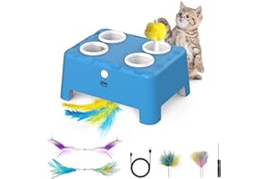 BOLPETIZO Cat Toys, Interactive Cat Toys, 2-in-1 Moving Concealed Feathers, 4 Holes Mice Whack A Mole Cat Kitten Toy Exercise Toys for Indoor Bored Adult Cats, USB Rechargeable Electronic Kitten Toys (Blue)