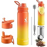 Lexlion Tea Infuser Water Bottle 22 Oz – Triple Wall Insulated Stainless Steel, Loose Leaf & Fruit Strainer, 3 Leakproof Lids, BPA-Free Silicone Sleeve, Reusable Thermal Mug