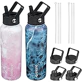 BJPKPK 2 Pack Insulated Water Bottles with Straw Lids, 40oz Stainless Steel Metal Water Bottle with 6 Lids, Leak Proof BPA Free Jugs, Cups, Flasks for Travel, Sports (Blossom+Ocean)