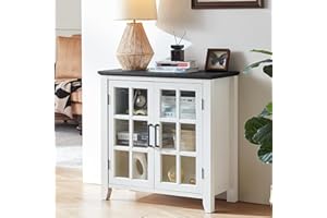 Joaxswe Sideboard Buffet Cabinet with Storage, 32" Farmhouse Kitchen Coffee Wine Bar Cabinet with 2 Glass Doors, Wood Mid Cen