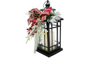 YUQI Christmas Decorative Lantern w/LED Flickering Flameless Candle - 14 Inch, Antiqued Vintage Lantern with Xmas Ornament for Outside Indoor Table Holiday Party Decoration