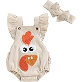 Karuedoo Newborn Baby Girl Thanksgiving Outfit Turkey Embroidery Ruffle Sleeveless Romper Backless Bodysuit with Headband