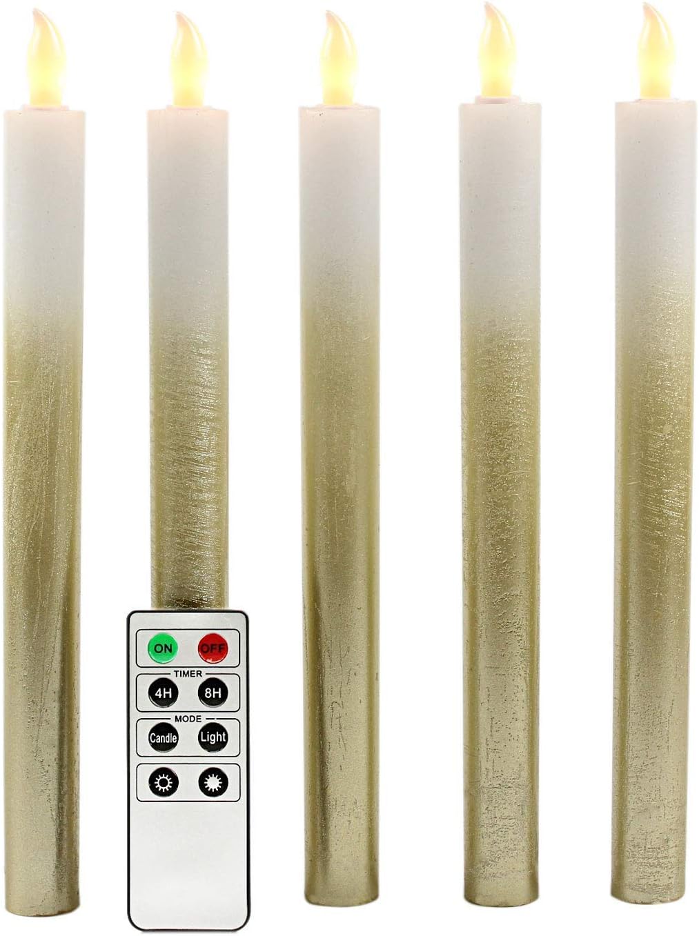 Set of 5 Gold Distressed Battery Operated Wax Led Taper Candles, Led