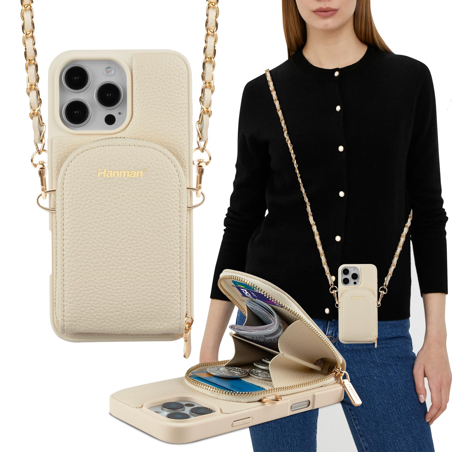 Photo 1 of Hanman Crossbody Wallet Case for iPhone 16 Pro Max,RFID Blocking PU Leather Zipper Handbag Purse Cover Suitable for iPhone 16 Pro Max,Leather Wallet Case for Woman & Girls-Beige