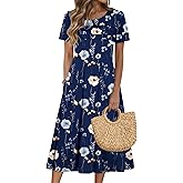 Zeagoo Womens Casual Dresses for Summer Short Sleeve Flare Midi Dress Loose Beach Sundress Pleated Front Dress with Pockets