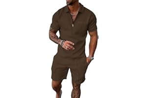 UOUA Mens Track Suits 2 Piece Sets Short Sleeve Sweatsuit Outfits 1/4 Zip Golf Polo Shirts Summer Shorts Loungewear