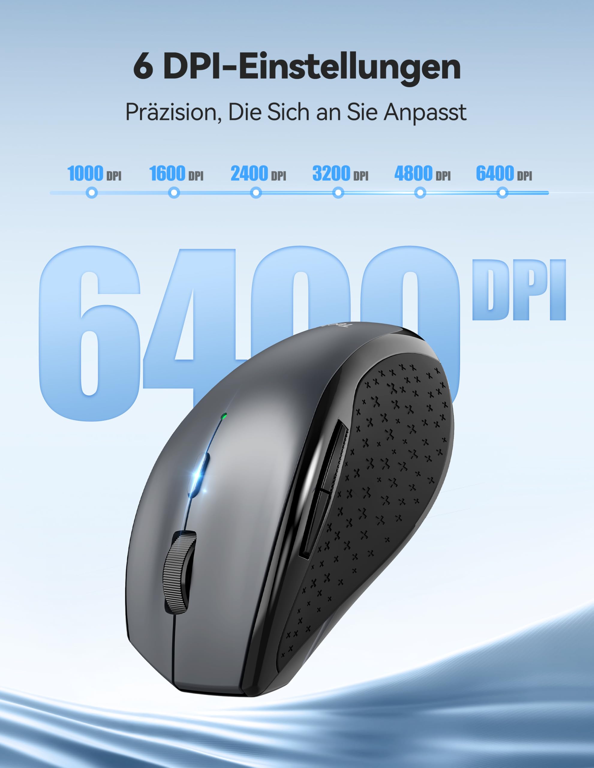 TECKNET PRO Kabellose Maus Wiederaufladbar, Silent Funkmaus 6400 DPI, 2,4 GHz Computermaus, Ergonomische Griffe, 6 Tasten, Tragbar Maus für PC, Laptop,Chromebook, Mac-Grau 3