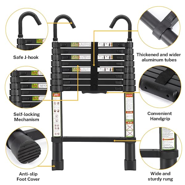 RIKADE TELESCOPIC LADDER, 8.5FT ALUMINUM TELESCOPING LADDER WITH NON-SLIP FEET AND STABLE HOOK, PORTABLE EXTENSION LADDER FOR HOUSEHOLD AND OUTDOOR WORKING, MAX LOAD 330LBS, BLACK