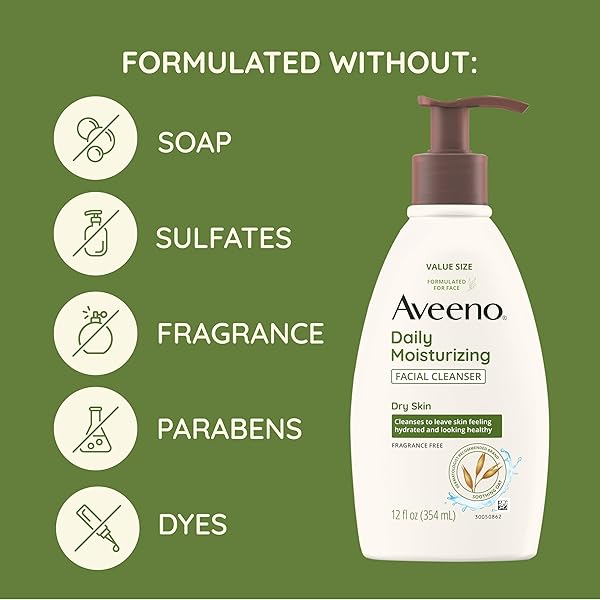 AVEENO DAILY MOISTURIZING FACIAL CLEANSER FOR DRY SKIN, GENTLE FACE CLEANSER WITH SOOTHING OAT FOR SKIN THAT FEELS SOFT & SUPPLE, REMOVES DIRT, OIL AND IMPURITIES, FRAGRANCE FREE, 12 FL OZ