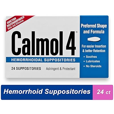 Calmol 4 Hemorrhoidal Suppositories, 24 Count, Doctor Recommended for Relief of Burning and Irritation Caused by Anorectal Disorders