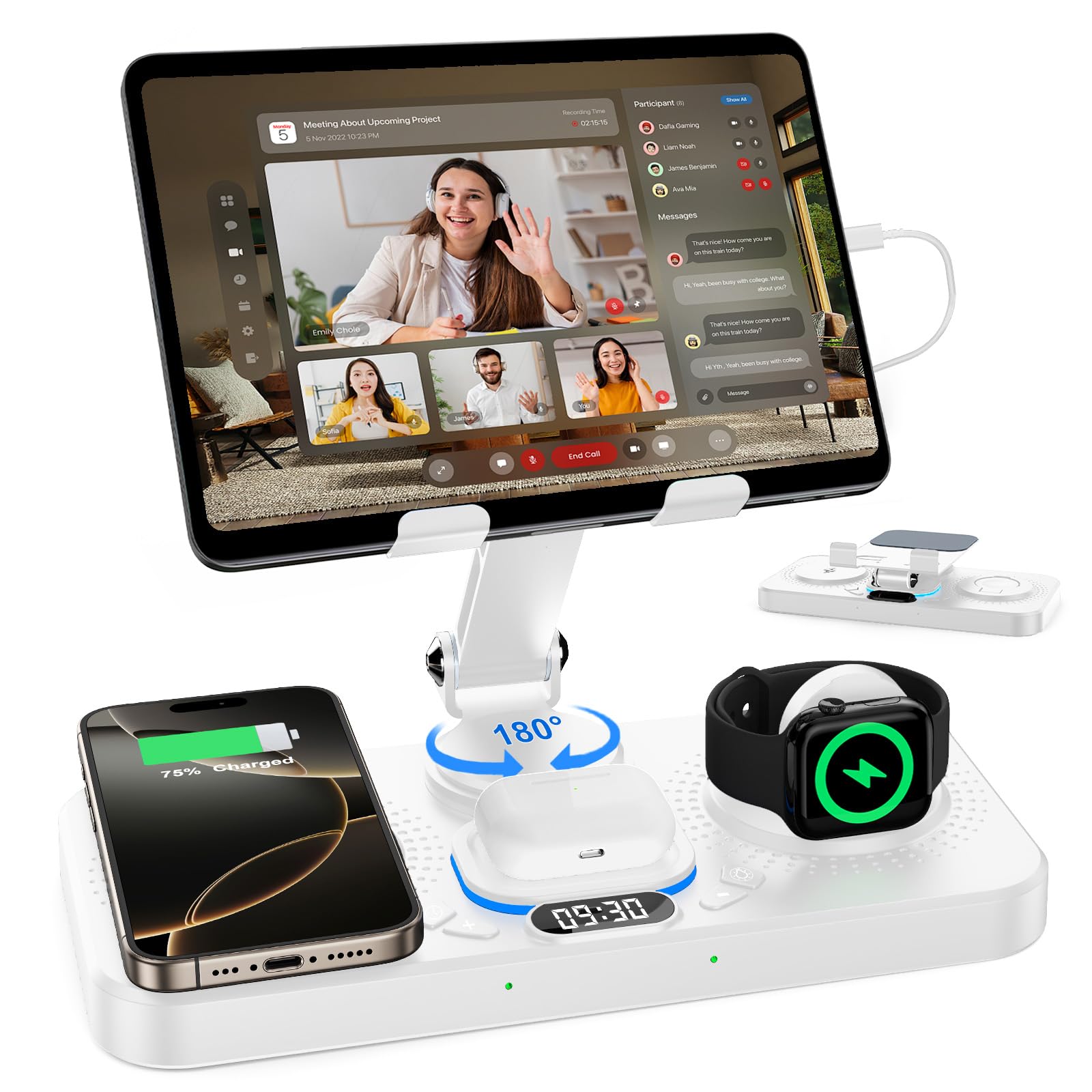 Photo 1 of 30W Charging Station for Apple Products, Foldable Wireless Charger with Clock Display&7 Color Light, Wired Charging for iPad/Tablet Charging Station for iPhone16, for Apple Watch10 for AirPods4(White