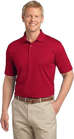 red polo shirt and khaki pants