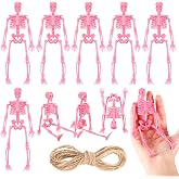 Jetec 6 Pcs Halloween Mini Plastic Skeleton with Jute Rope, Party Favors | Pink Mini Skeletons, 6 Inch, Poseable Bendable Joints, Jute Rope for Hanging, Craft Accessories, Halloween Party Decor