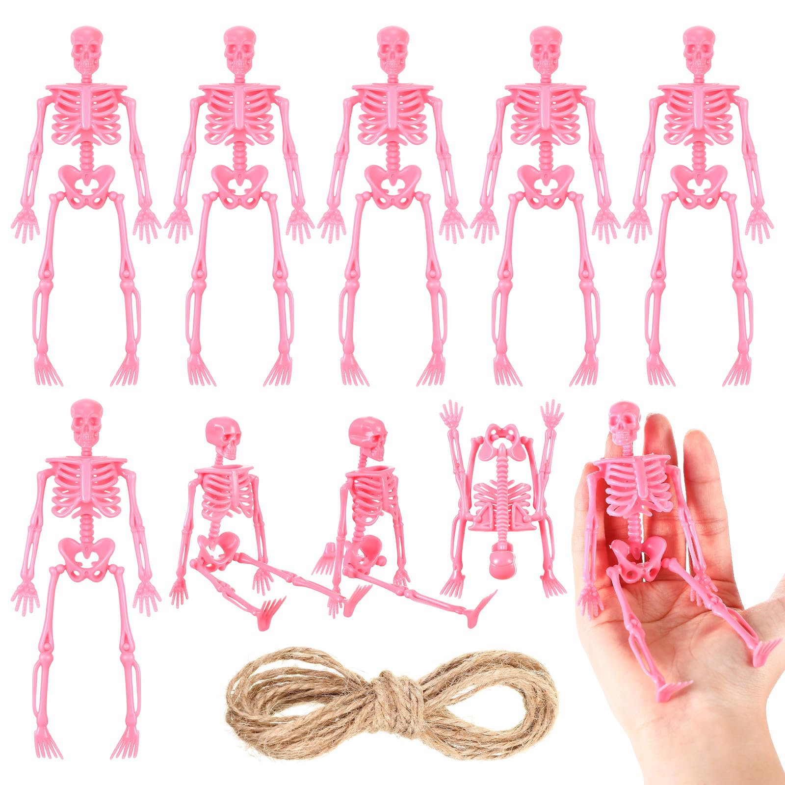 Photo 1 of **MISSING ** Jetec Halloween Mini Skeleton Pink Decor with Jute Rope 6 Inch Small Skeletons Plastic Skeleton Decorations for Craft Accessories Party Favors(6 Pcs)