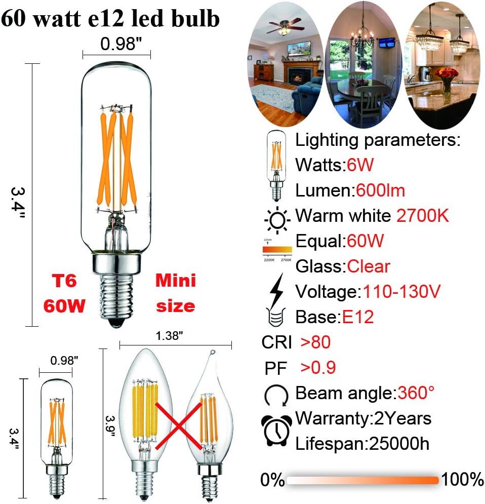 LiteHistory E12 LED Bulb Dimmable 6W Equal 60 watt Light Bulb Warm White 2700K T6 T25 E12 Candelabra Bulb 60 watt for Chandeliers,Ceiling Fan,Pendant,Wall scones AC120V 600LM e12 Light Bulb 6Pack: Home Improvement