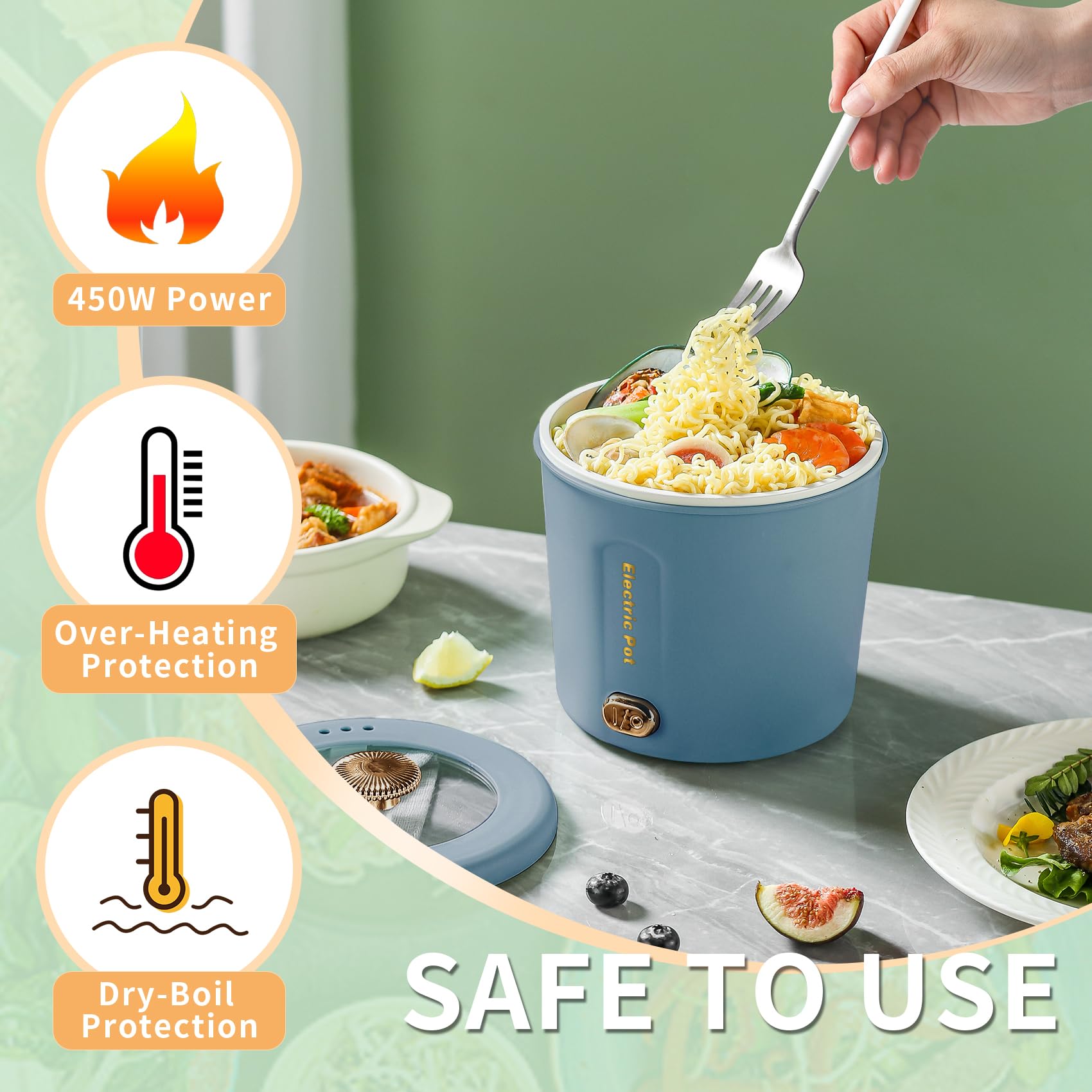 Hot Pot Electric, 1L Mini Ramen Cooker, 450W Rapid Noodles Cooker, Multifunctional Electric Pot for Cooking Pasta, Soup, Portable Pots with Over-Heating Protection for Dorm, Office, Travel