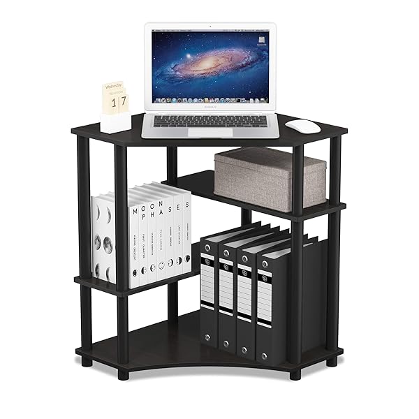 FURINNO TURN-N-TUBE DESK, GAMING DESK WITH SHELVES, CORNER COMPUTER DESK WITH SHELVES, OFFICE DESK, SPACE SAVING, FOR HOME OFFICE, BEDROOM, ESPRESSO