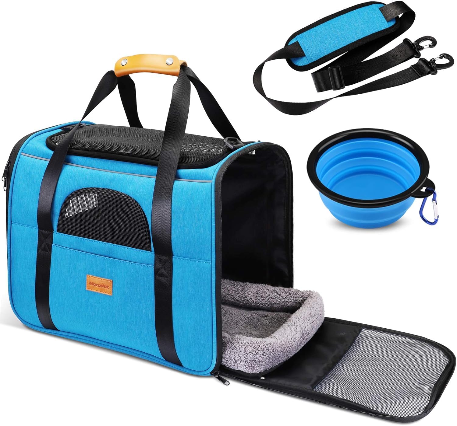 Morpilot Cat Carrier - Airline Approved, Top Opening Portable Dog Bag with Breathable Mesh/Removable Mat, Adjustable Shoulder Strap & Bowl, Foldable Travel Cage, M, Blue (Max 7kg)