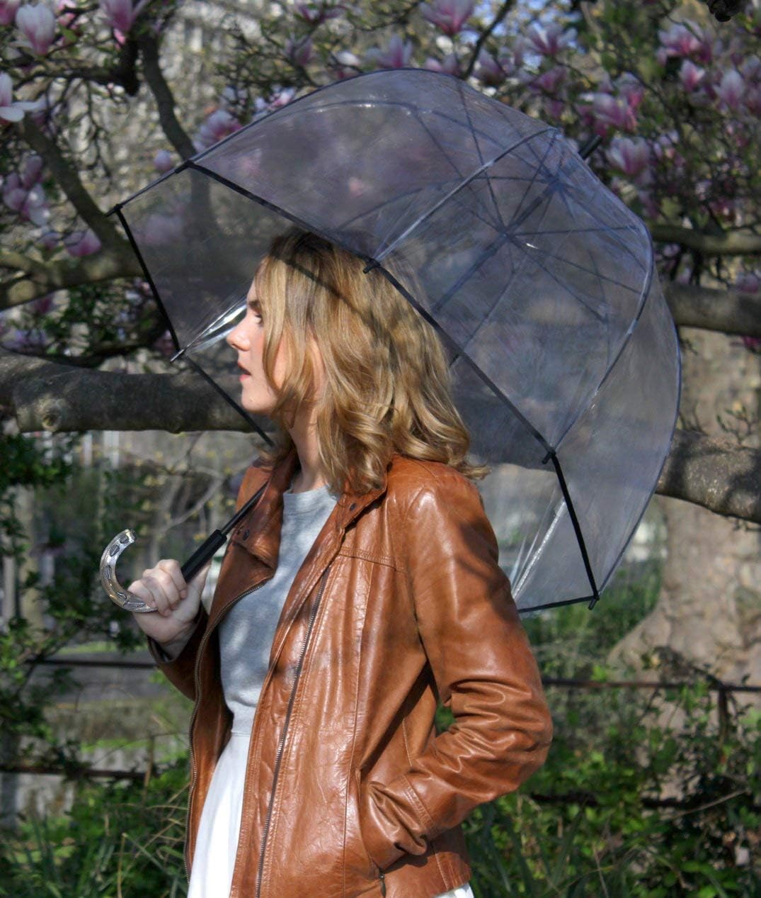 SMATI Lady’s Clear Big Birdcage Umbrella in Black Border, Transparent, Windproof, Auto Open, Crystal Style Handle - Image 5