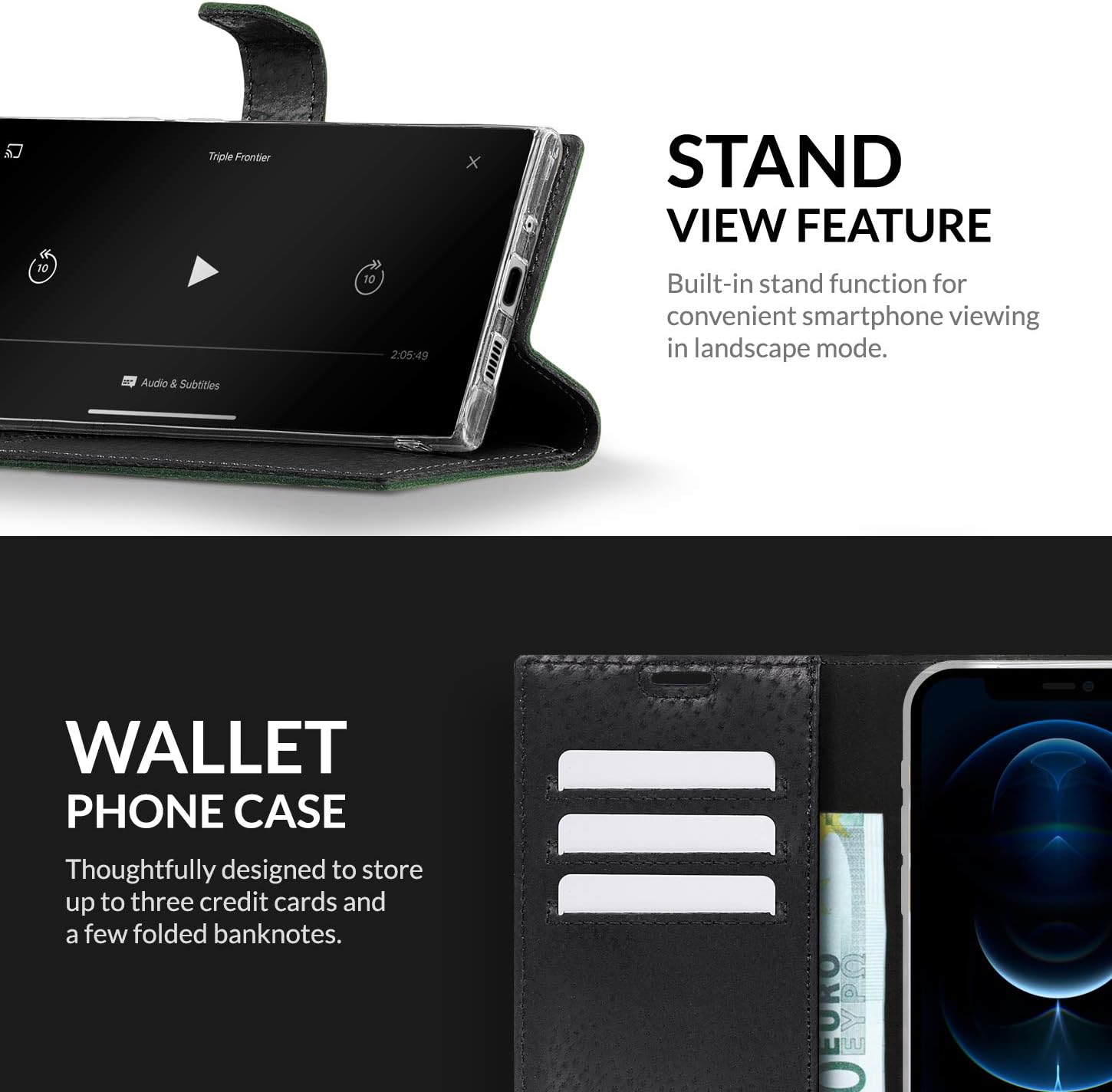 Surazo Leather Wallet Mobile Phone Case Compatible with Apple iPhone 12, Flip & Fold Smartphone Case with Stand, RFID Blocker - Image 3