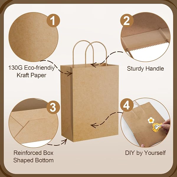 MIEVU 150PACK SMALL GIFT BAGS WITH HANDLES, 5.9X3.1X8.2 INCH BROWN PAPER BAGS (130G MORE STURDY MATERIAL) – BULK CHRISTMAS GIFT BAG, PARTY FAVOR BAGS, RECYCLABLE CRAFT BAGS FOR GIFTS,BROWN