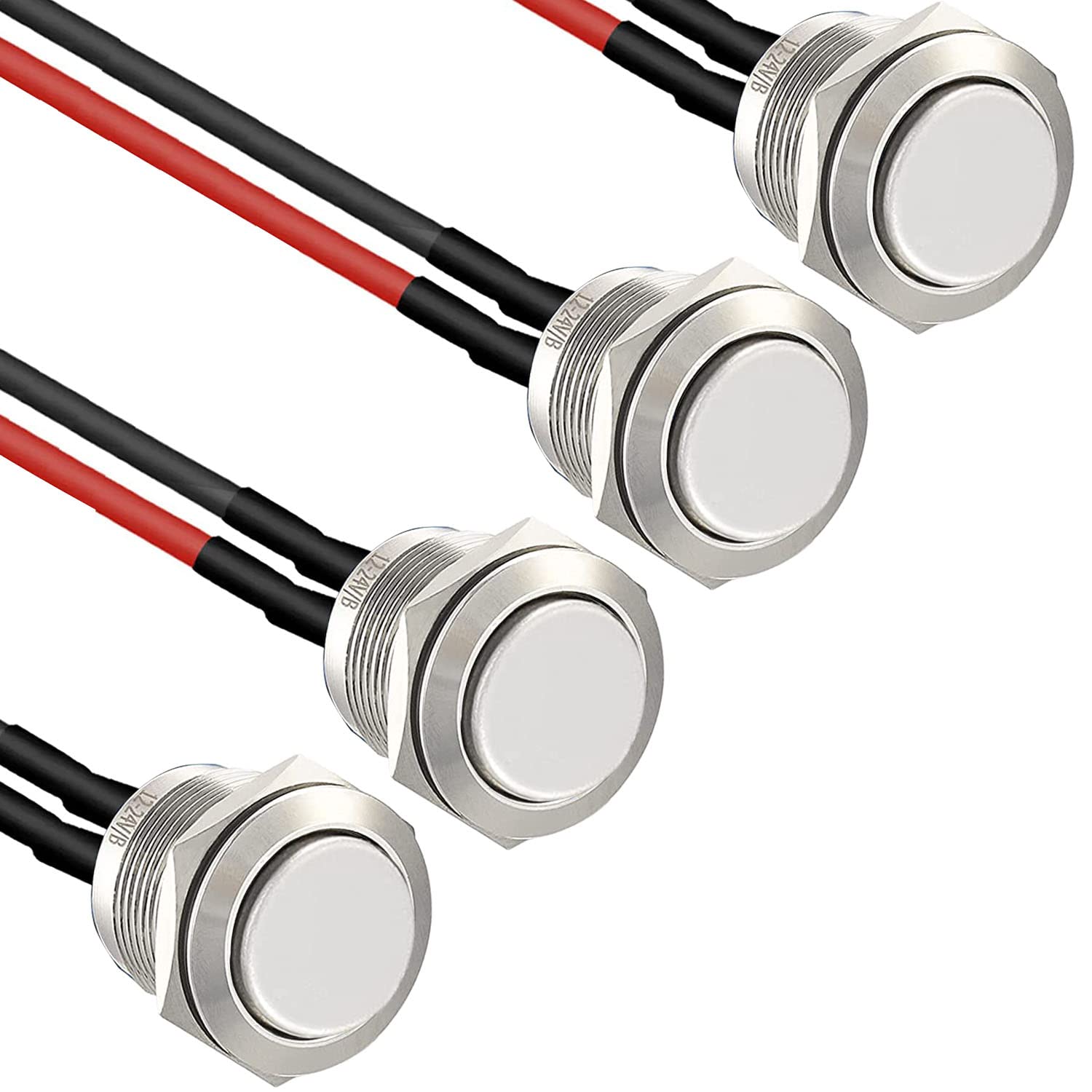 RUNCCI-YUN 4 Pieces 16 mm Momentary Push Button Switch Waterproof Push Button Switch Round Momentary Switch with Pre wiring,DIY Stainless Steel Normally Open Metal Push Start Button (High Head)