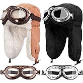 Cozypower 2 Sets Pilot Hat and Goggles Pilot Cap Vintage Flight Costume Accessories Winter Hat with Earflaps for Men Women