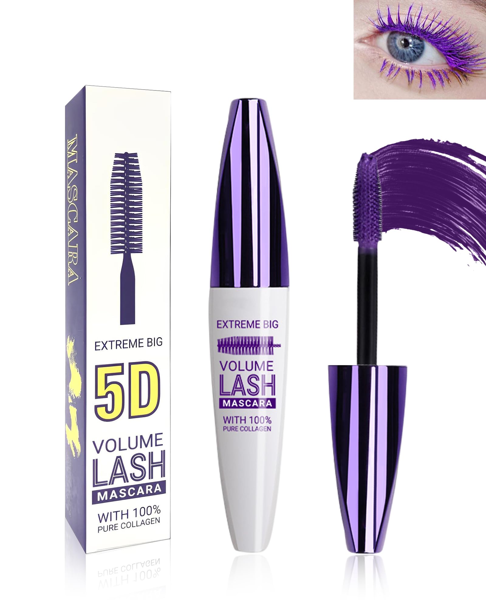 5D Waterproof Mascara Purple with Eyelash Brush, Long Lasting Smudge-proof Mascara for Eyelashes, Volumizing Lengthening Curling Eye Lashes,Telescopic Thick Mascaras,Cosplay Halloween Stage Eye Makeup — image 1