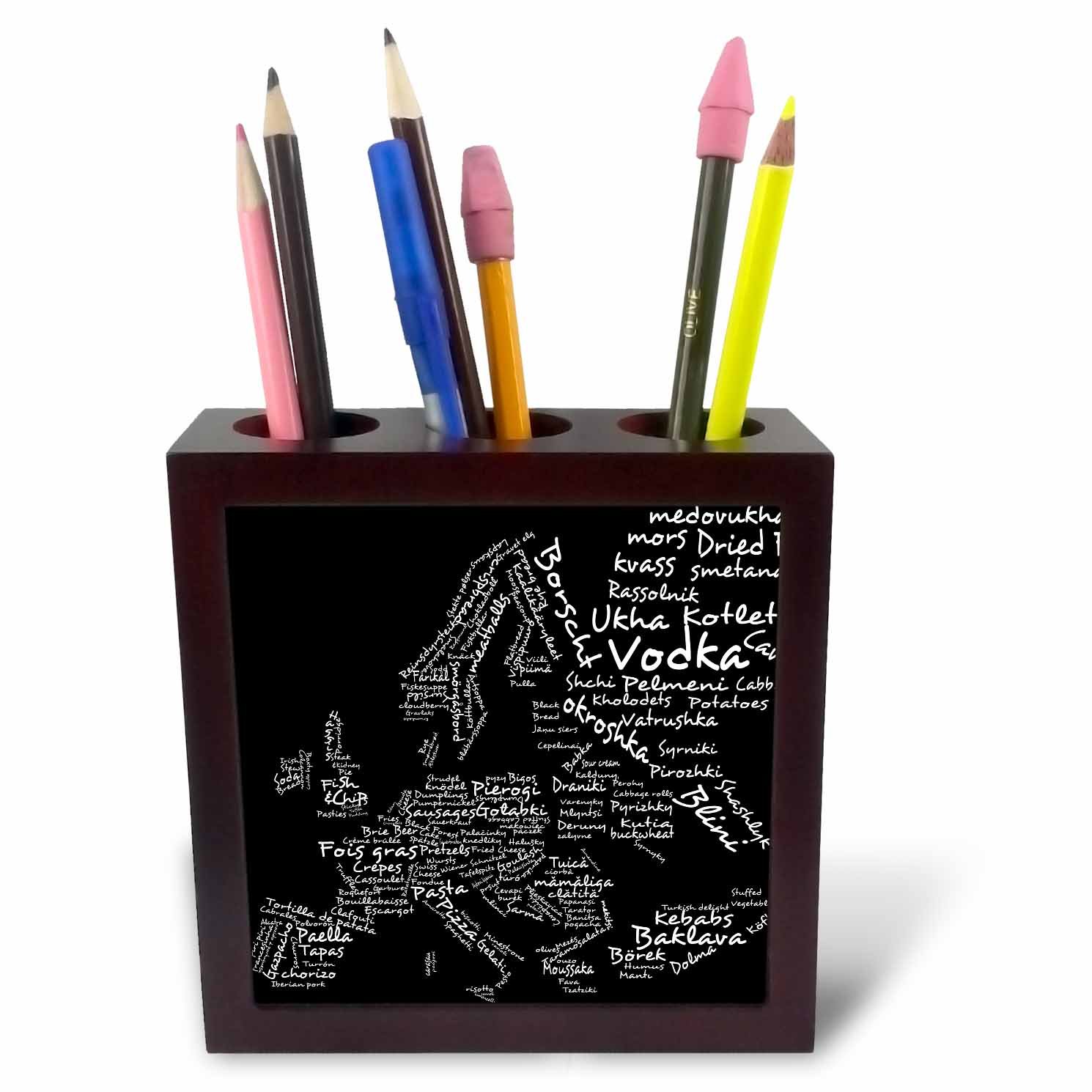 3dRose ph_57514_1 5-Inch "Black and White Food Map of Europe Made from Names of World Dishes from Local Cuisine" Tile Pen Holder - Black/White