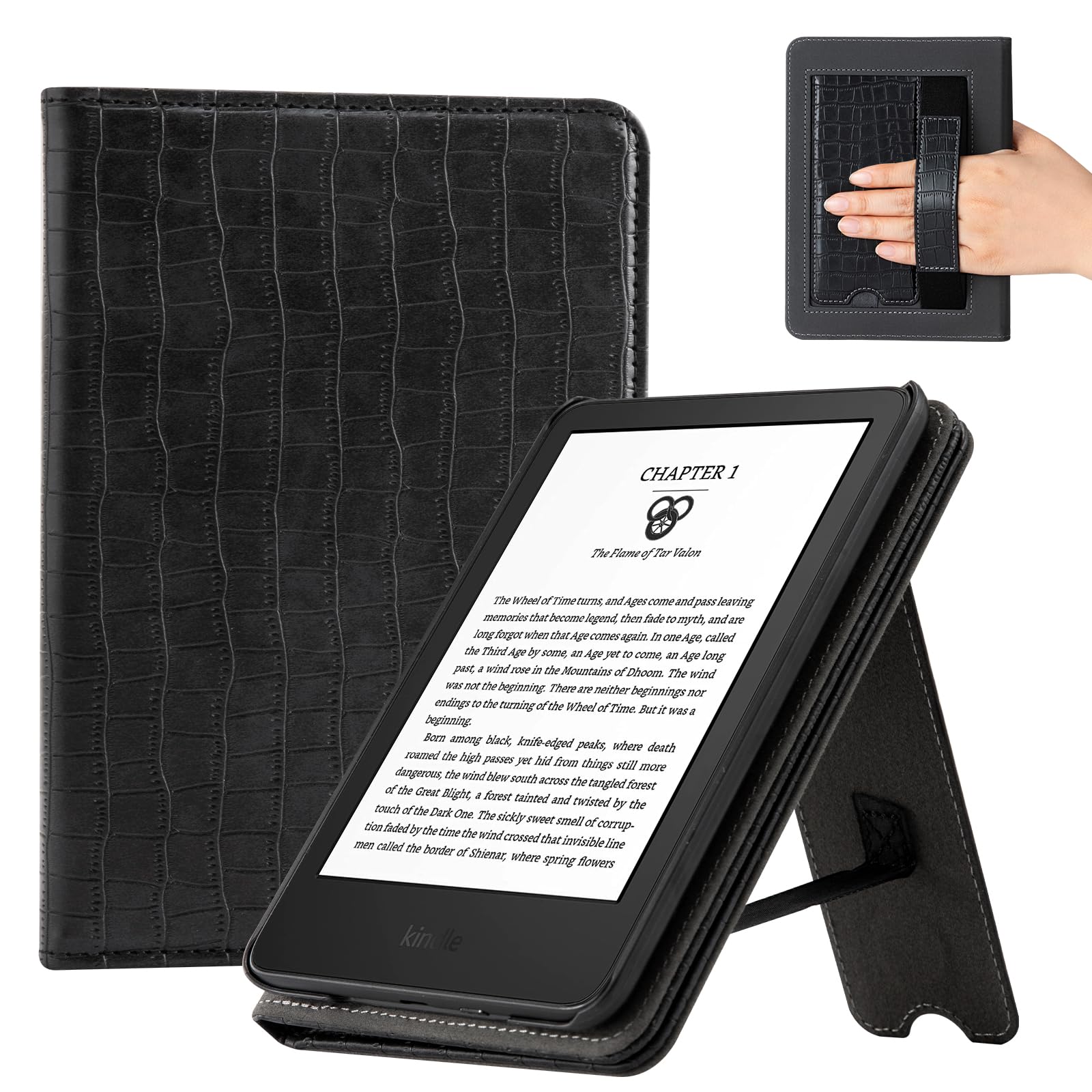 Photo 1 of CoBak Case for 6" E-Reader - PU Leather Smart Cover with Auto Sleep/Wake & Hand Strap, not Compatible with Kobo Clara,Croco Black