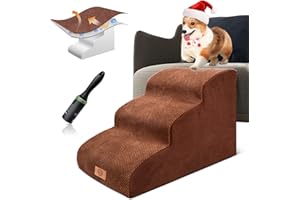 Kphico Sturdy Foam Dog Stairs for High Beds or Couches,Non-Slip 3 Tiers Pet Steps,15.7" High Sturdy Dog Ramp,Extra Wide Deep Dog Steps for Small Dogs&Cats-Send 1 Pet Hair Remover Roller