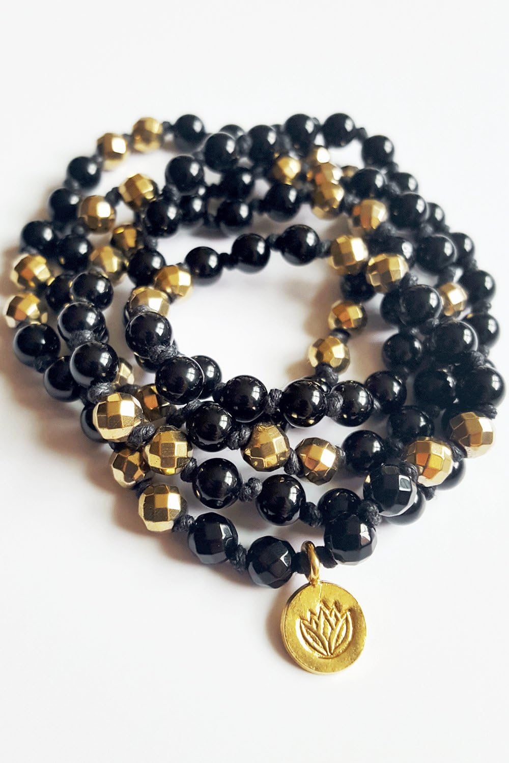Peaceful Lotus 18K Gold Vermeil Elegant 108 Bead Mala Neclace Knotted Mala ~ Black Onyx & Faceted Gold Hematite