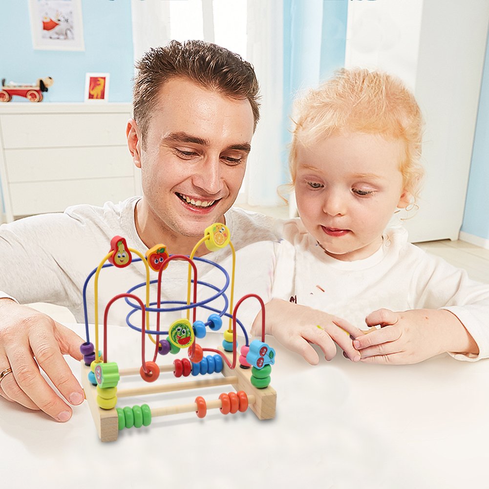 Nuheby Labirinto Roller Coaster con Frutta Bead Maze Gioco Perline Giochi Educativi 3 Anni Giochi in Legno con 3 Tracce di Colore Diverse Giochi in Legno per Bambini 3+ Anni