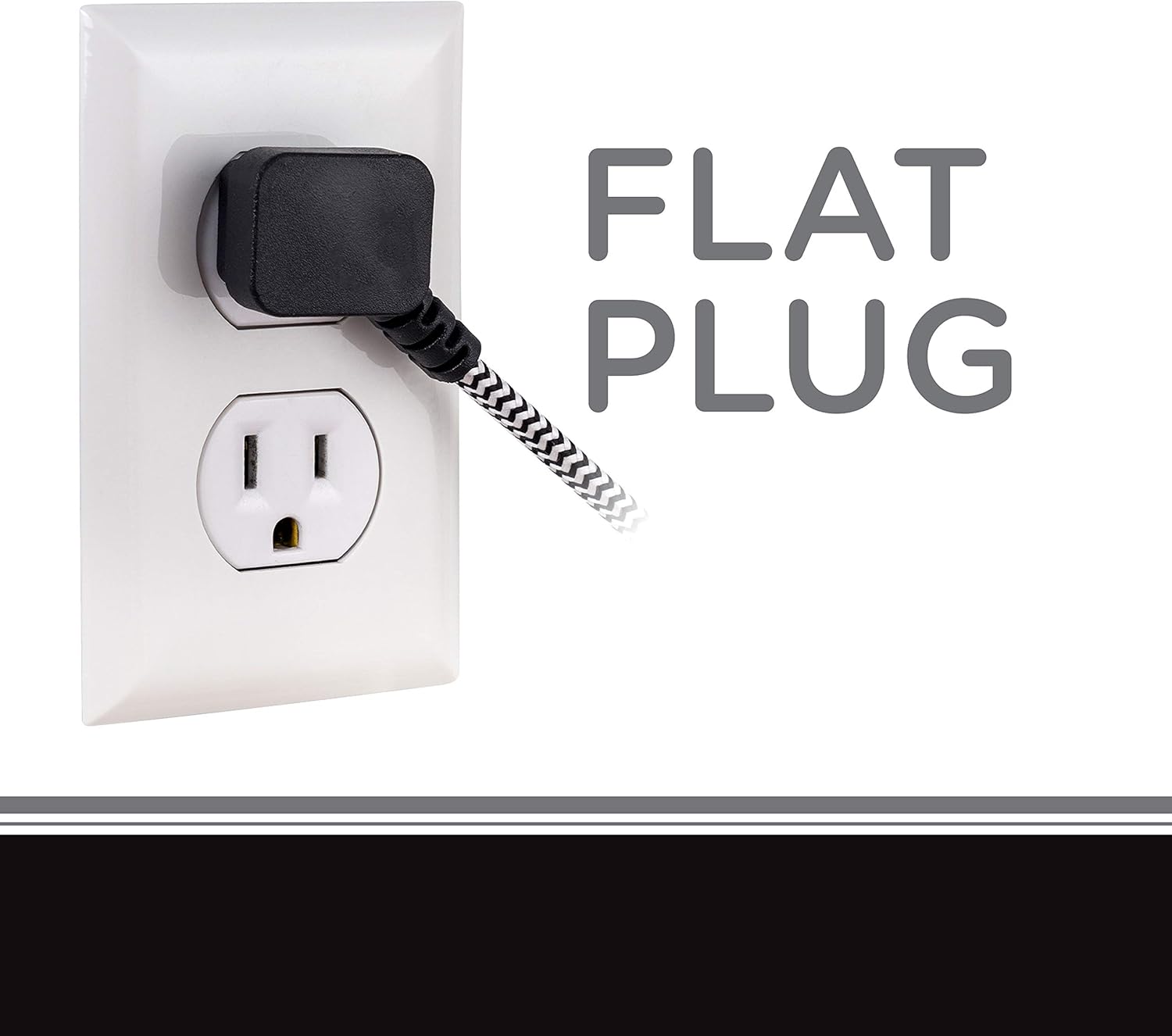 Cordinate Designer Extension, 2 Prong Power Strip, Extra Long 8 Ft Cable with Flat Plug, Braided Chevron Fabric Cord, Slide-to-Lock Safety, Black/White, 39984 3 Polarized Outlets, 8 ft, 8 Ft - - 