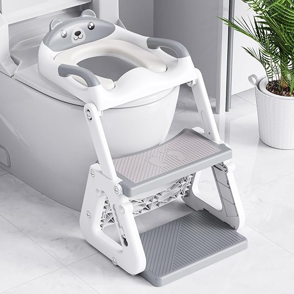 Orzbow Toilettensitz Kinder mit Treppe, Stabil Kinder Toilettensitz mit Dreiecksstruktur, Verlängerter Pedal- und Spritzschutz und Wasserdichtes PVC-Polster, Rutschfest und Faltbar, Grau