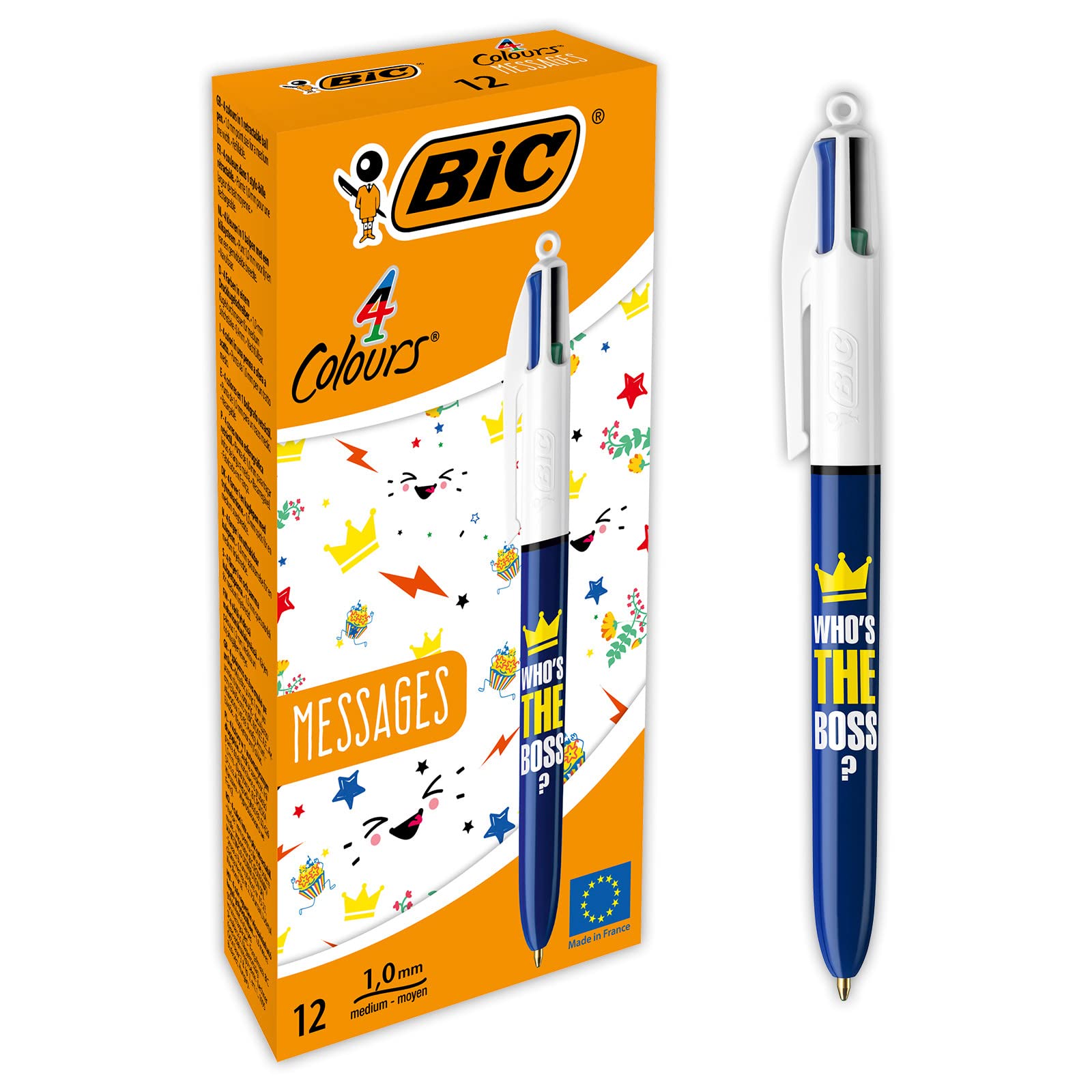Bic 4 Colours Messages Ballpoint Pens Medium Point (1mm) - Who's The Boss Design, Box of 12