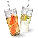 MINGHYZYA 20oz Glass Cups With Glass Lids and Straws, High Borosilicate Iced Coffee Cups, Reusable Glass Tumblers for Coffee, Tea, Juice, Smoothies, Hot/Cold Drinks at Home, Office - 2 Packs