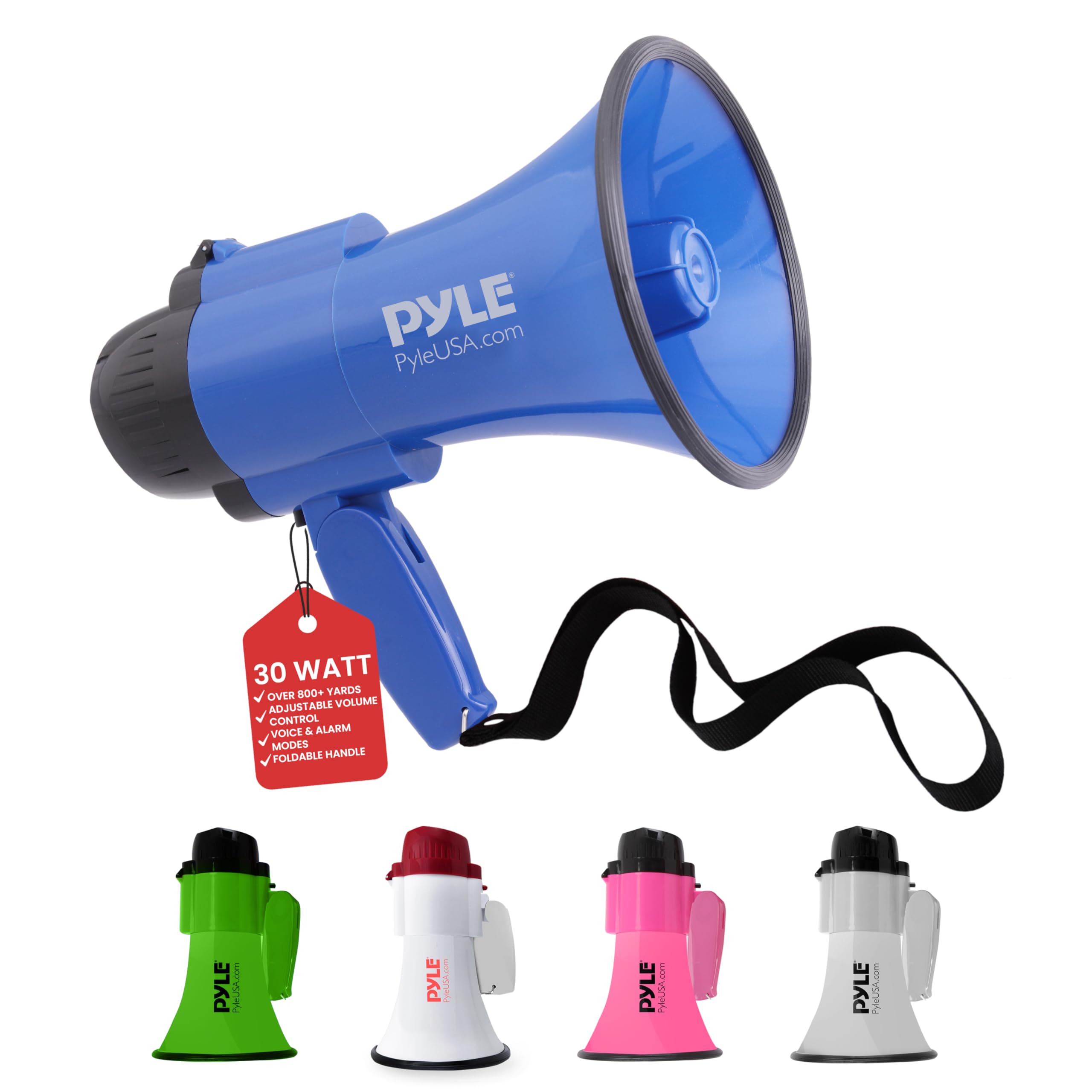 Photo 1 of Pyle Compact Battery-Operated Megaphone with Siren - 30 Watt Power, Microphone, 2 Modes, PA Sound, Bullhorn, Foldable Handle for Cheerleading, Police Use (Blue)