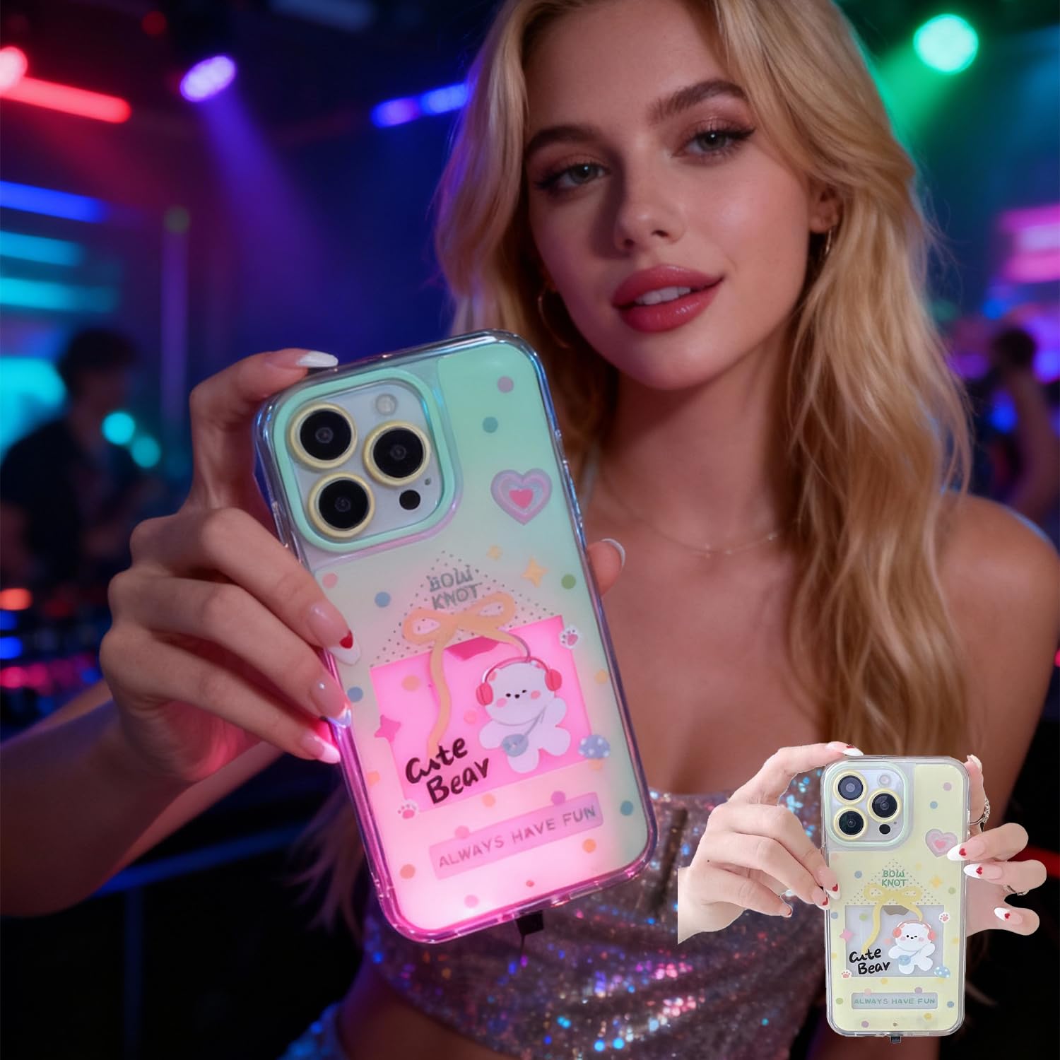 Vibrant LED Light Up Case for iPhone 11-17 Pro Max, Sound Activated Flash Glowing Cover with Bowknot, Shockproof Protective Bumper, Coquette Aesthetic Y2K Accessories(Bear,iPhone Xs MAX)
