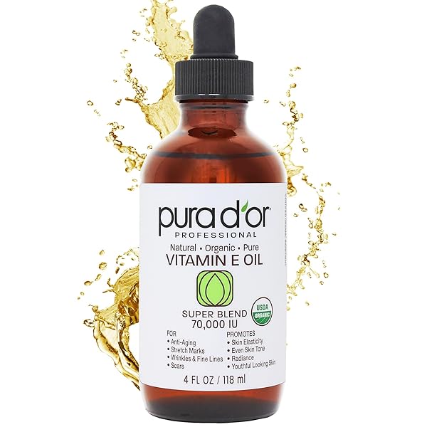 PURA D’OR 4 OZ ORGANIC VITAMIN E OIL BLEND 70,000 IU – 100% NATURAL HEXANE FREE, SWEET ALMOND, APRICOT, JOJOBA, ARGAN, ROSEHIP, SUNFLOWER & AVOCADO BATH OIL FOR SCARS, SKIN, FACE & FULL BODY