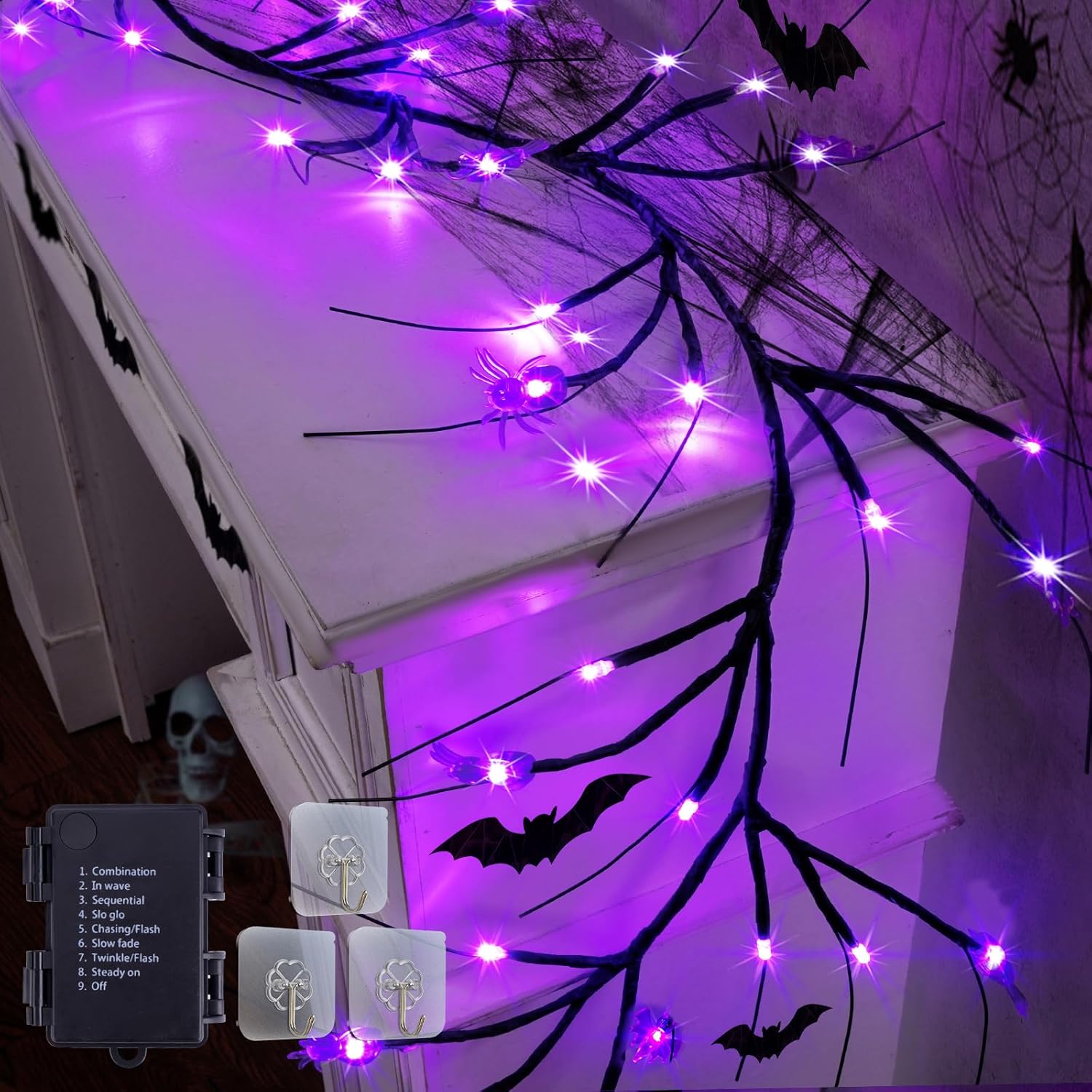 Wreaths, Garlands & Swags - RJZZ 6FT 54LED Halloween Garland with Lights Willow Vine Twig Spider Lights with Timer 8 Modes Waterproof Purple Halloween Lights Indoor Battery Operated Halloween Garland for Mantle, Wall, Fireplace
