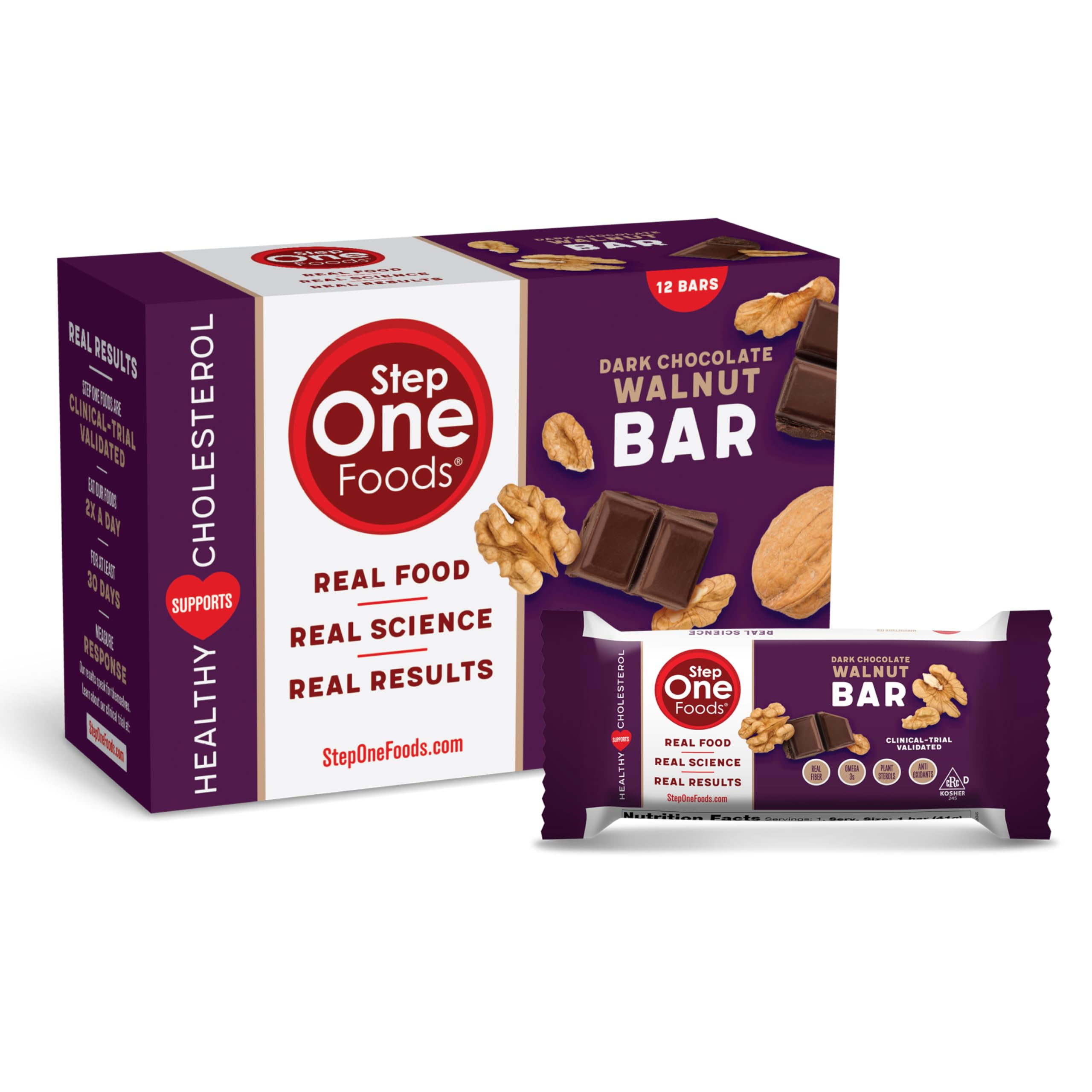 Step One Foods, Dark Chocolate Walnut Bars, Omega 3's and Dietary Fiber Gluten Free, Non-GMO, Vegan, Clinically Proven to help Lower Cholesterol (12 Pack)