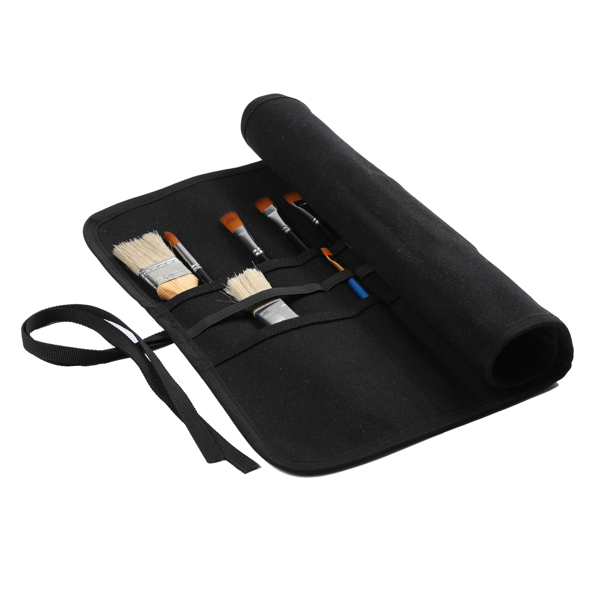Kaaltisy Art Paintbrush Roll, 16OZ Waxed Canvas Paint Brush Storage Roll, Portable Retro Brush Holder with 22 Slots & Tie Rope - Black - 40 x 35cm