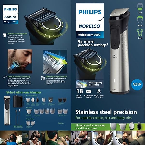 PHILIPS MULTIGROOM 7000 SERIES 21 PIECE BEARD TRIMMER FOR MEN, HAIR & BODY GROOMING KIT, PRECISION TRIMMING COMB WITH SELF-SHARPENING STEEL BLADES, ALL-IN-ONE TRIMMER, WATER RESISTANT