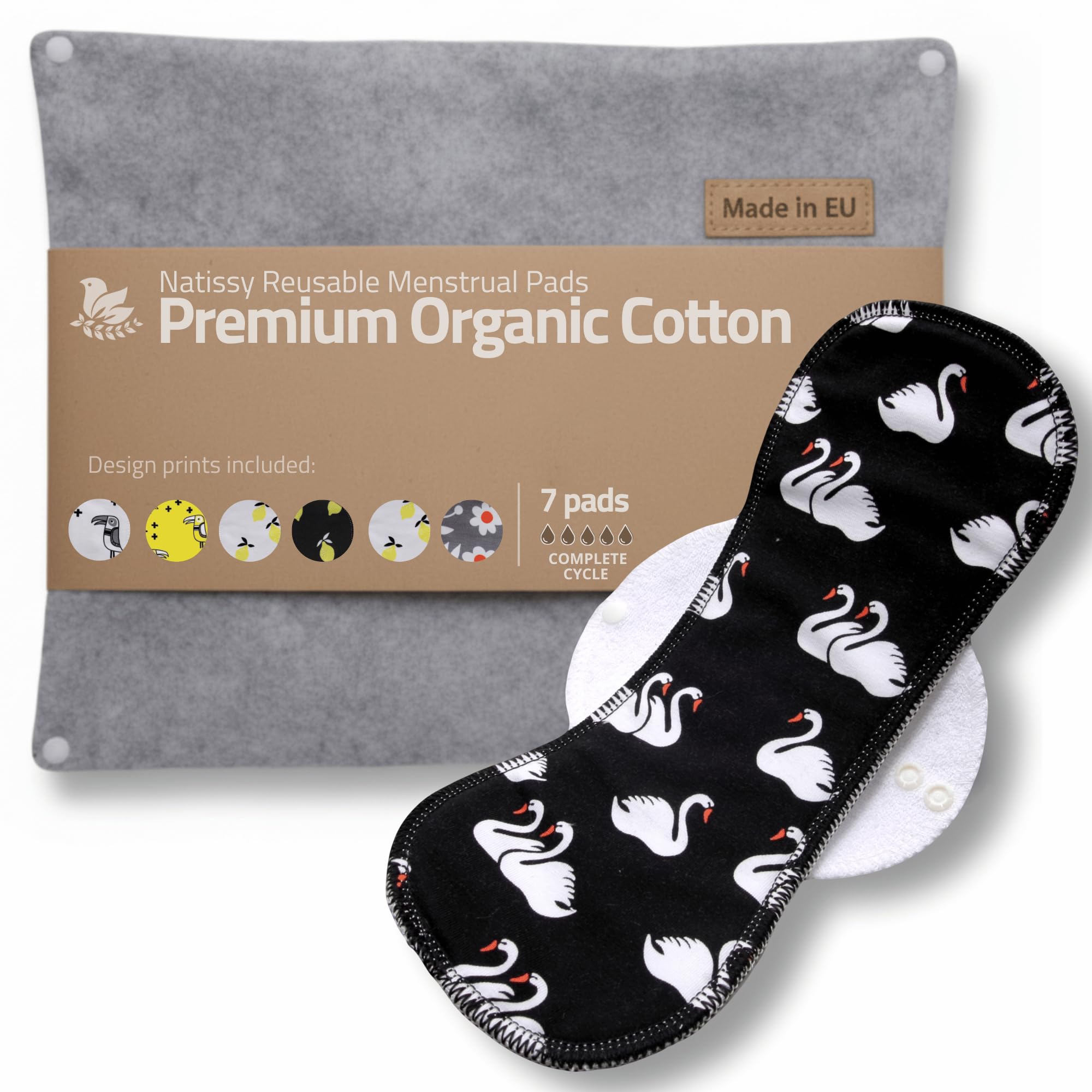 Made in EU – Reusable Sanitary Pads for Light to Heavy Flow - 7 Pack (S, M, L & XL) – High-Temp Washable Cloth Period Pads for Women – Ultra Soft Organic Cotton & Secure Fit for Menstrual Comfort